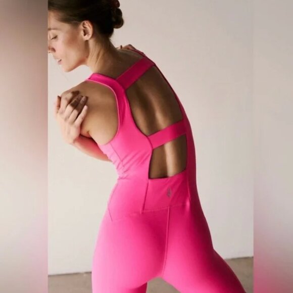 NWT Free People FP Movement Never Better Strappy Back Jumpsuit Large, HOT PINK - Picture 6 of 10